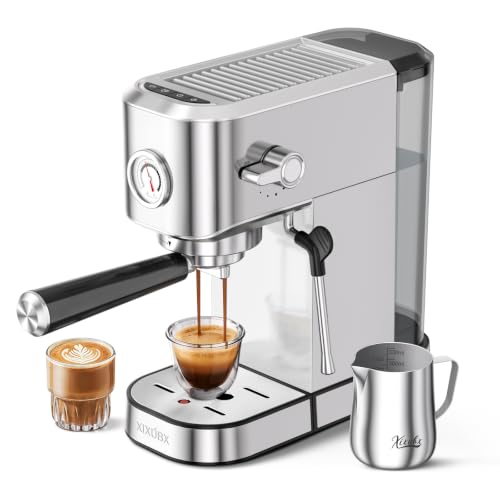 XIXUBX 20 Bar Espresso Machine, Compact Stainless Steel Espresso Maker with Milk Frother and Milk Frothing Pitcher, Coffee Machine for Cappuccino and Latte, 42 oz Water Tank for Home, Office, Silver