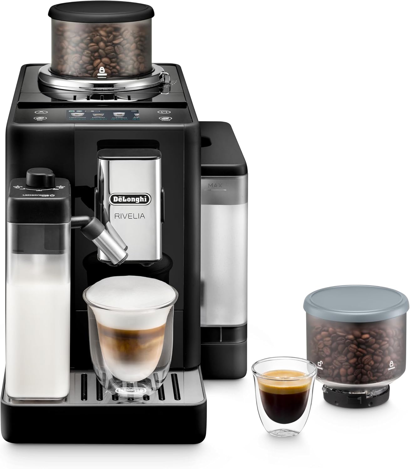 De'Longhi Rivelia Automatic Espresso Machine with Grinder & Milk Frother – All-in-One Coffee Maker, Hot & Iced Latte, Capp...