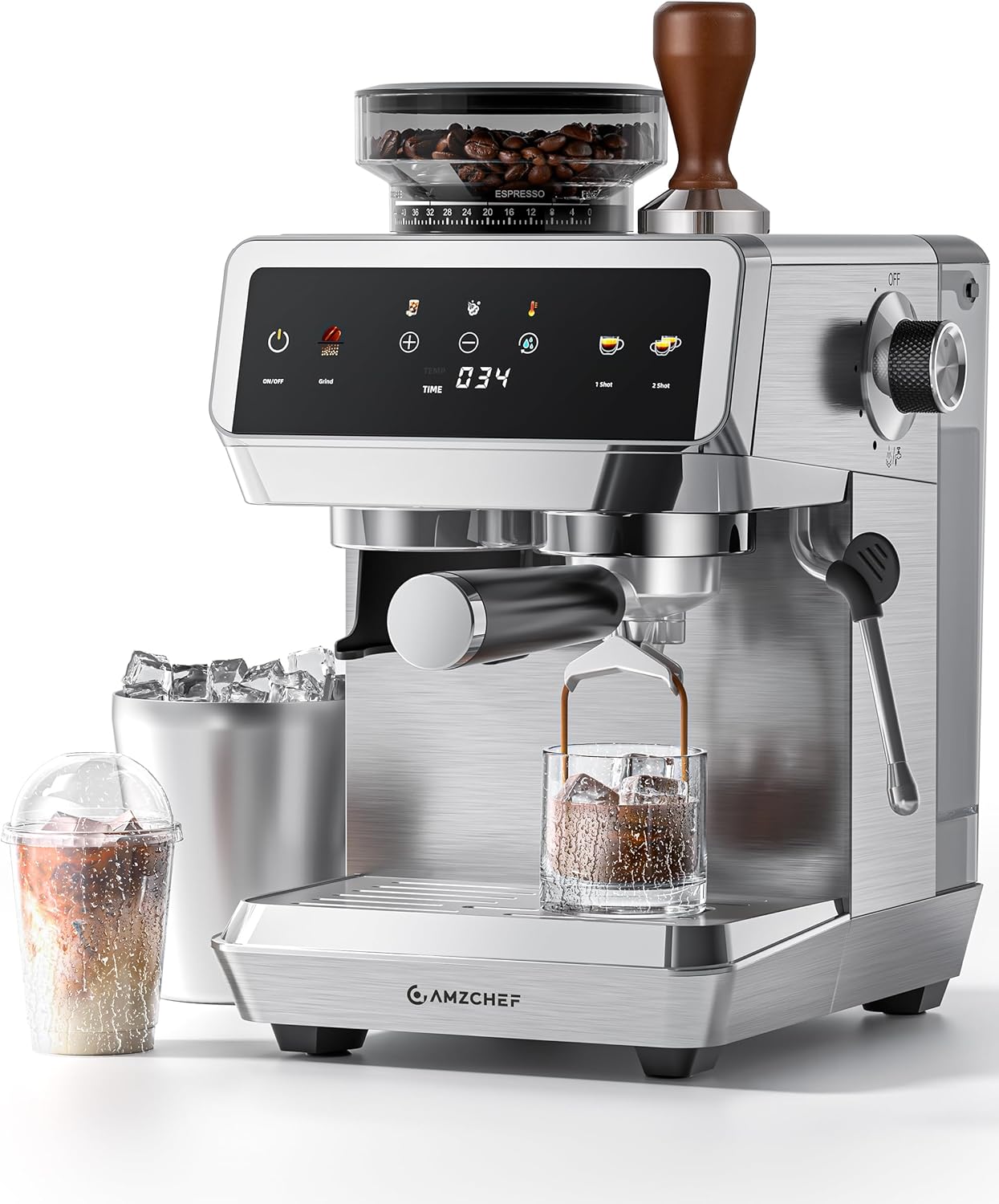 AMZCHEF Espresso Machine With Grinder, 190℉-201℉ Temp Control Coffee machine with 44 Grind Setting, Milk Frother, Touch Sc...